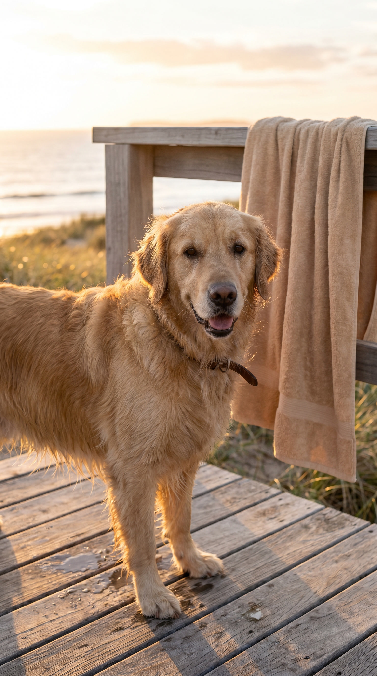Charlie resting on soft beach sand after a morning walk.