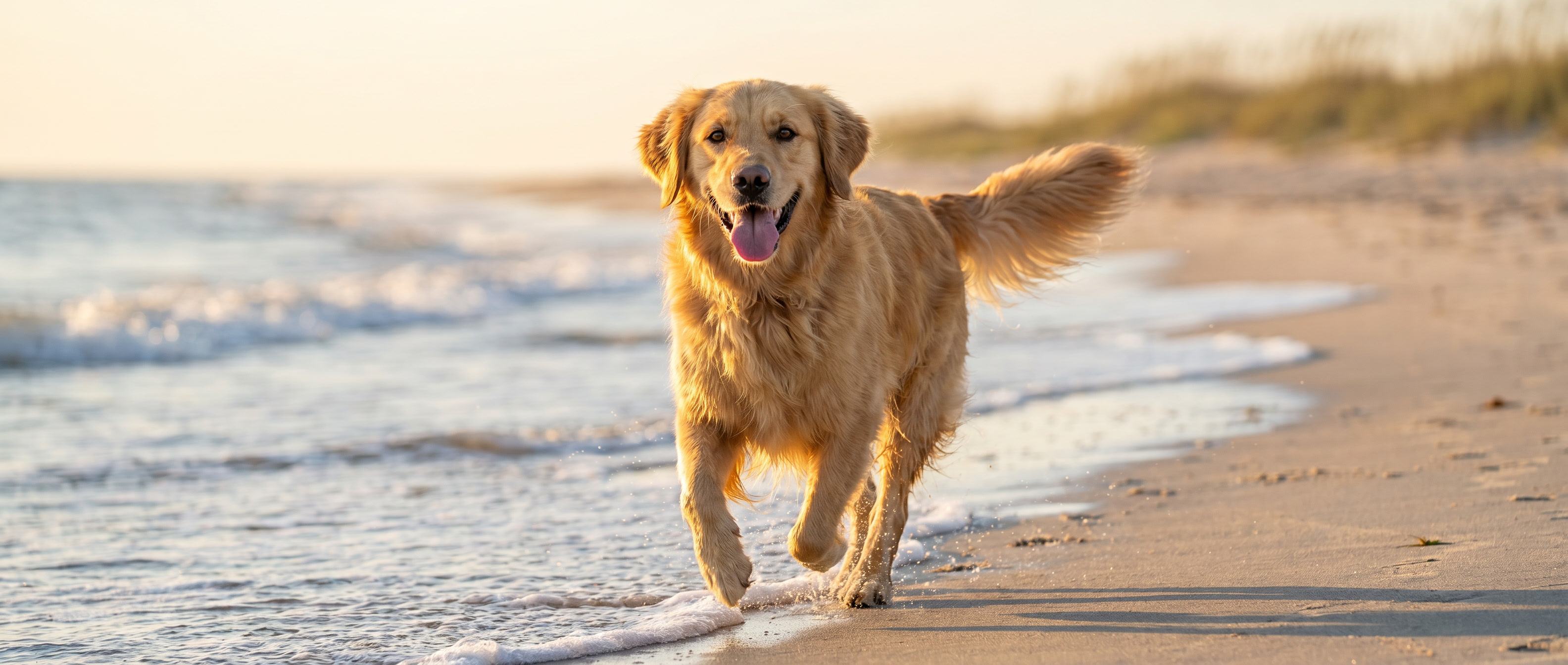 Charlie running along a quiet Sunshine Coast beach at sunrise.