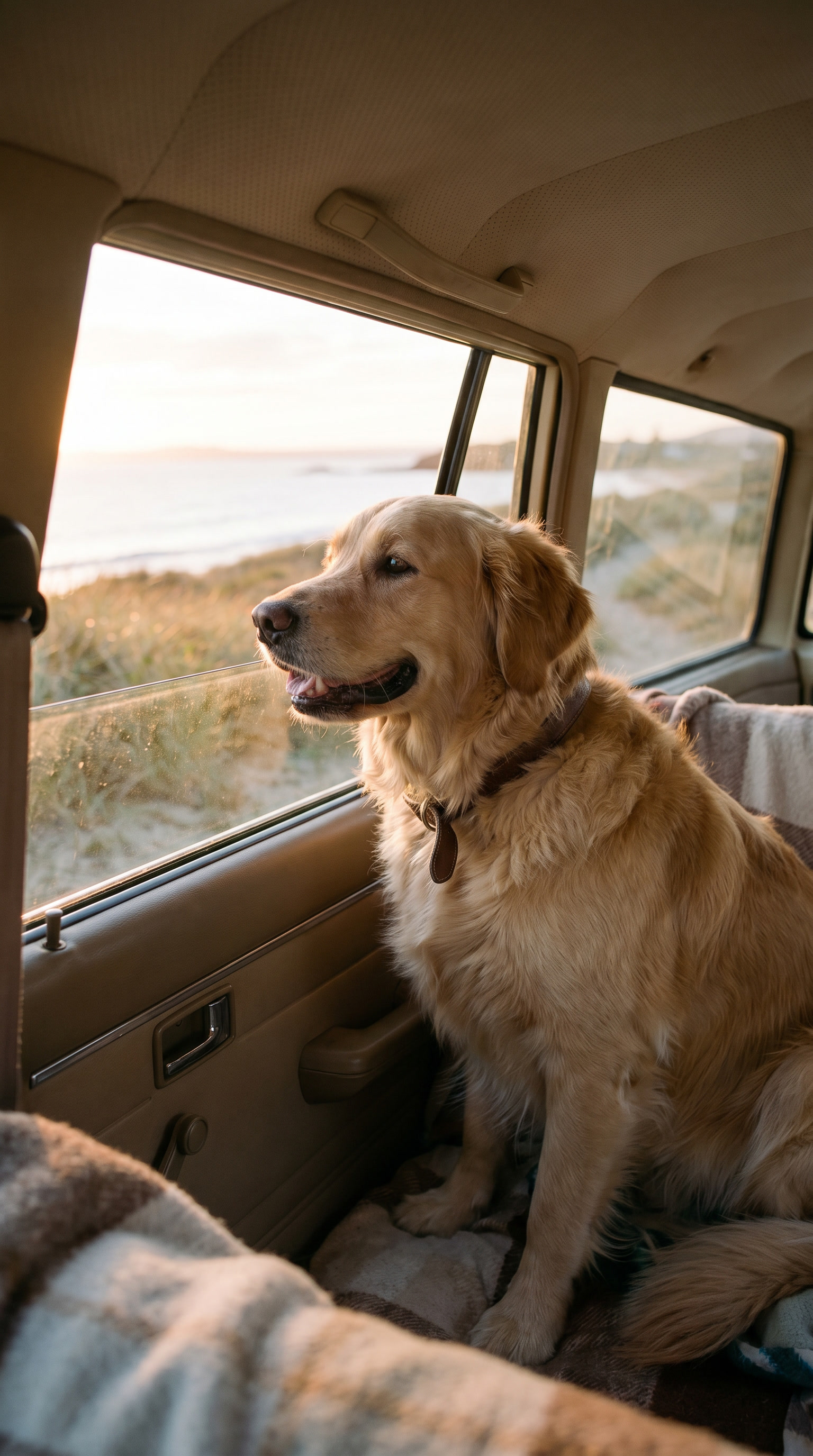 Charlie sitting in the car before a morning beach walk.