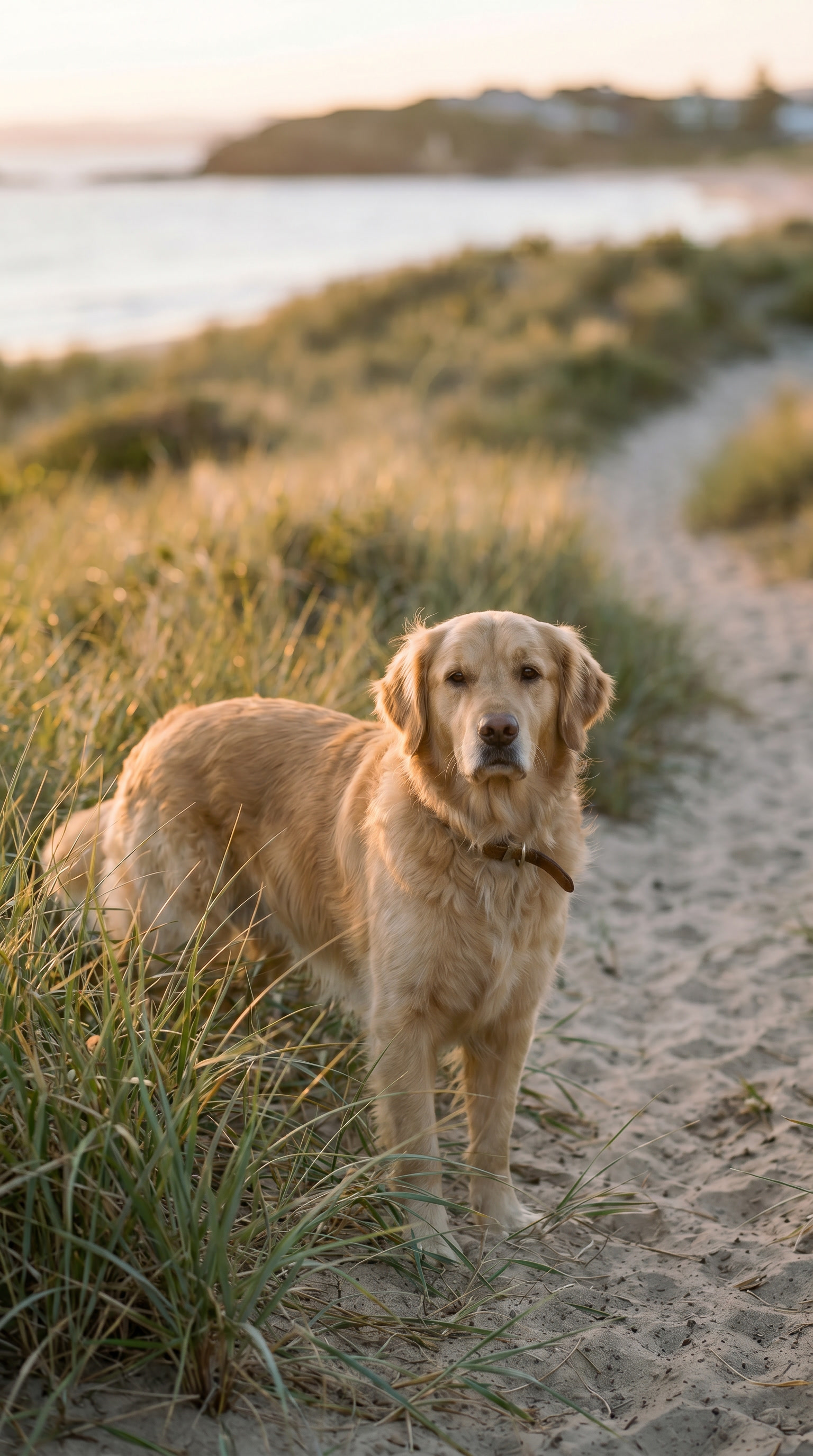 Charlie standing calmly among coastal grasses in warm afternoon light.