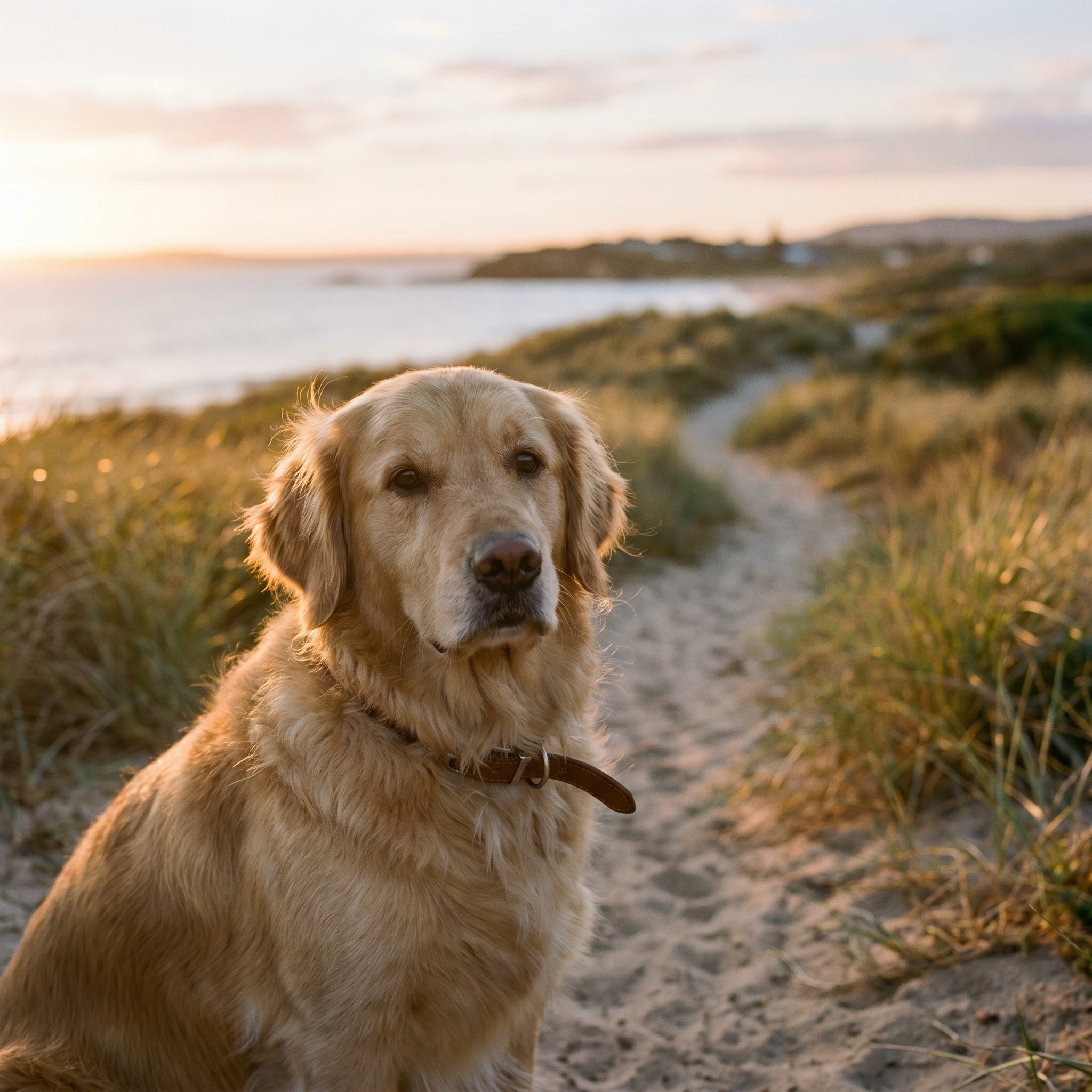 Charlie the golden retriever sitting calmly on a coastal path in warm morning light.
