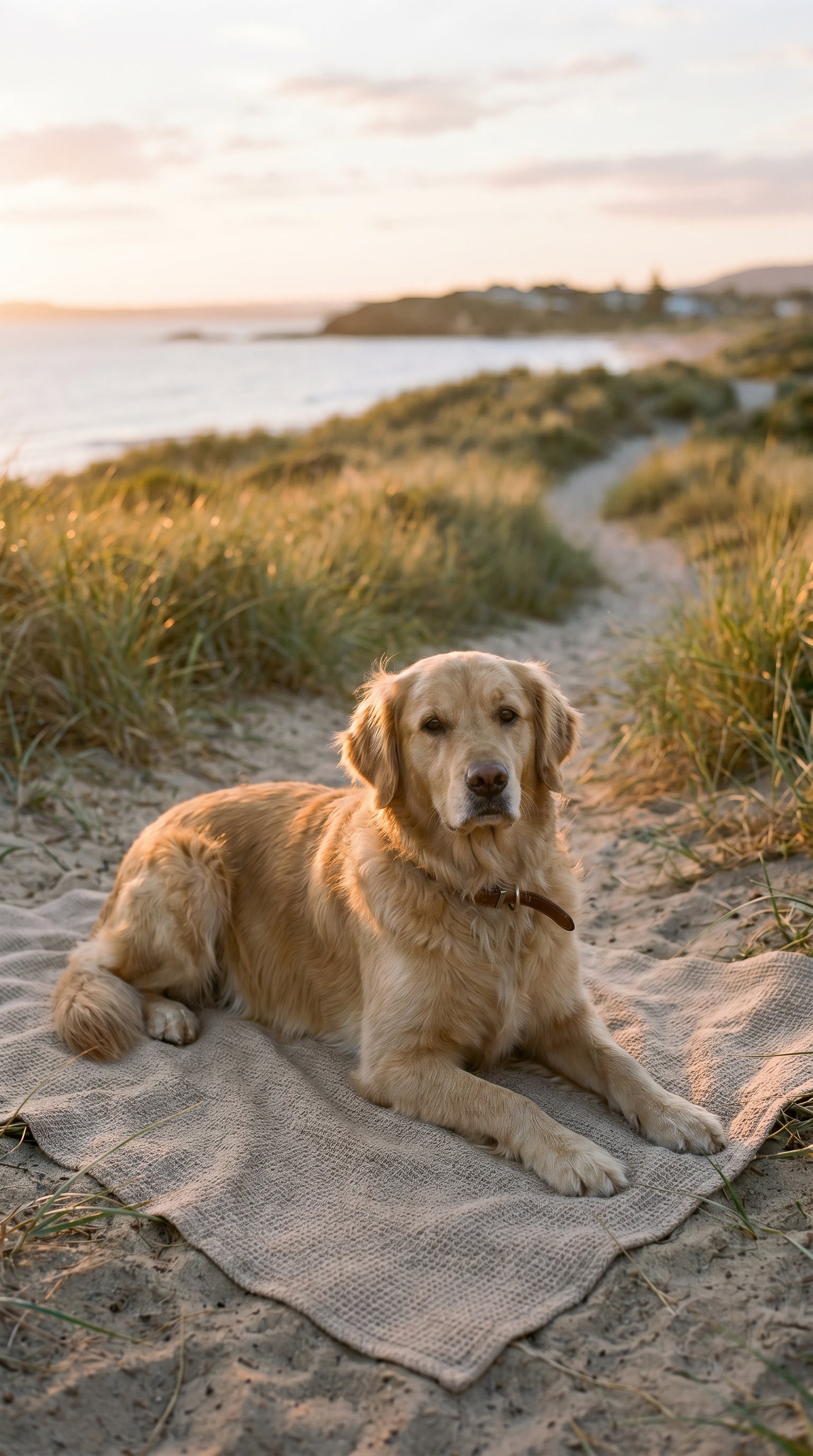 Charlie resting beside a soft towel after swimming at the beach.