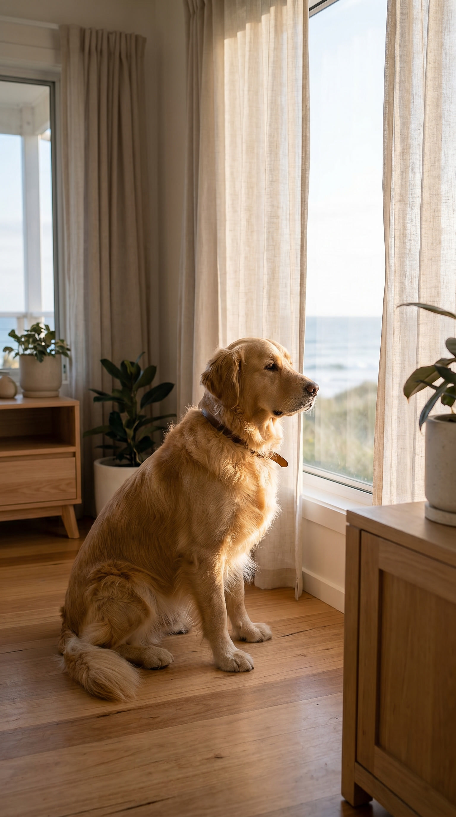 Charlie the golden retriever looking out a sunlit coastal home window.
