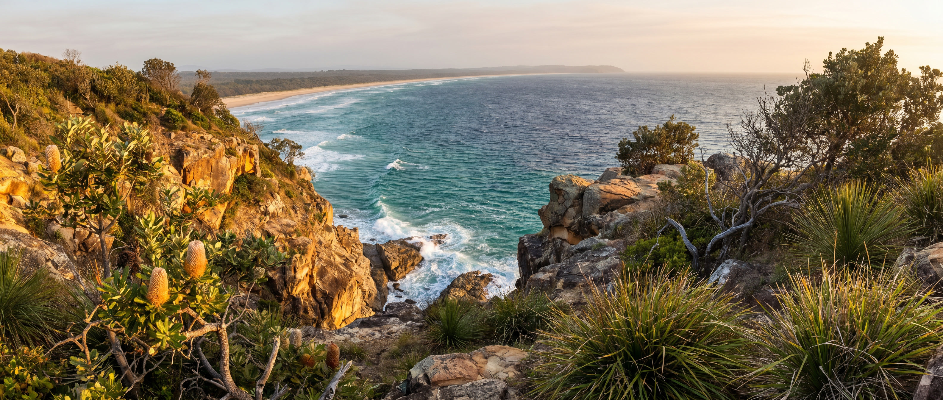 A wide ocean view from a rocky Sunshine Coast headland inspired by Hell's Gates.