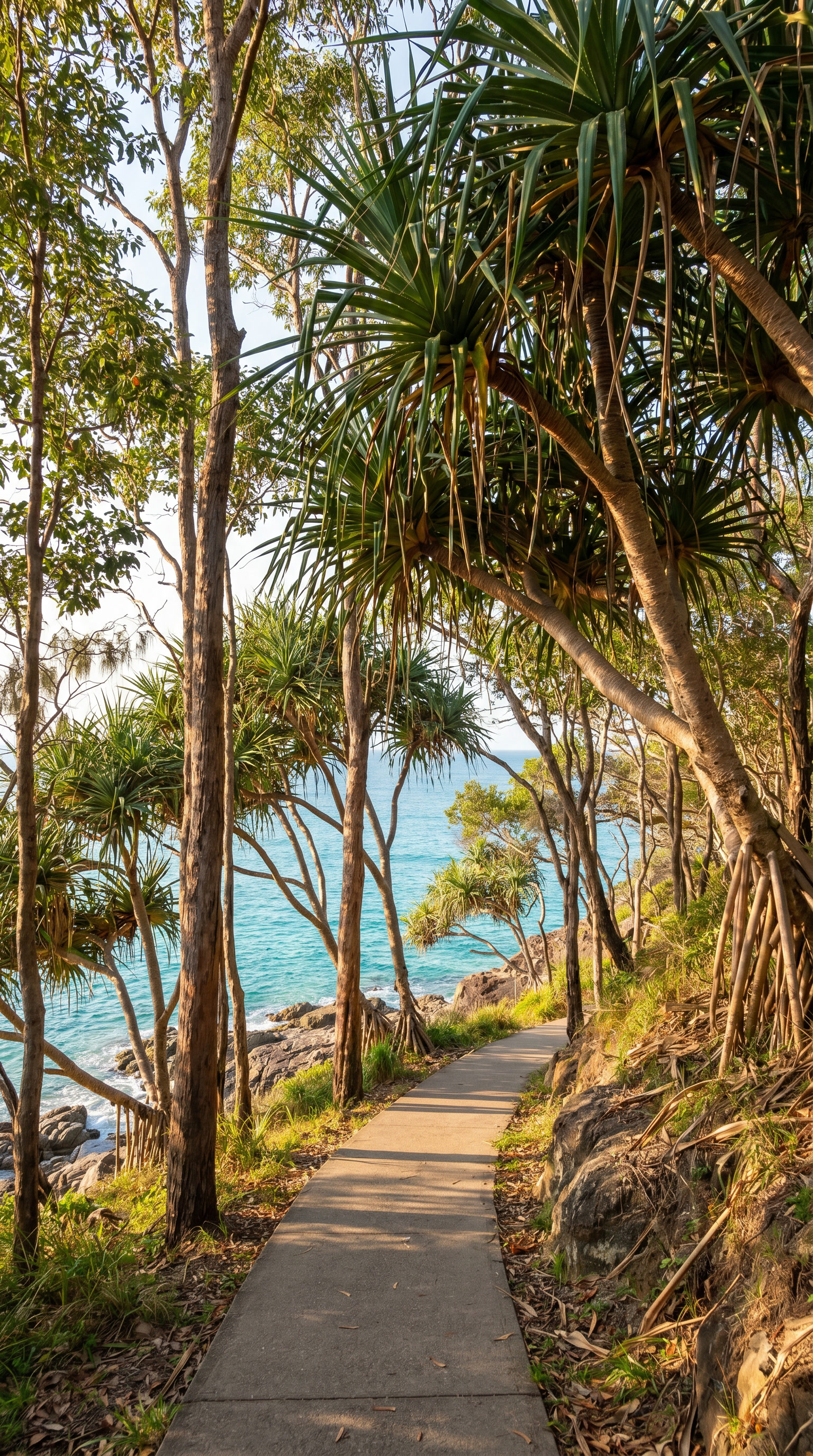 A winding coastal track through pandanus and native trees in Noosa National Park.