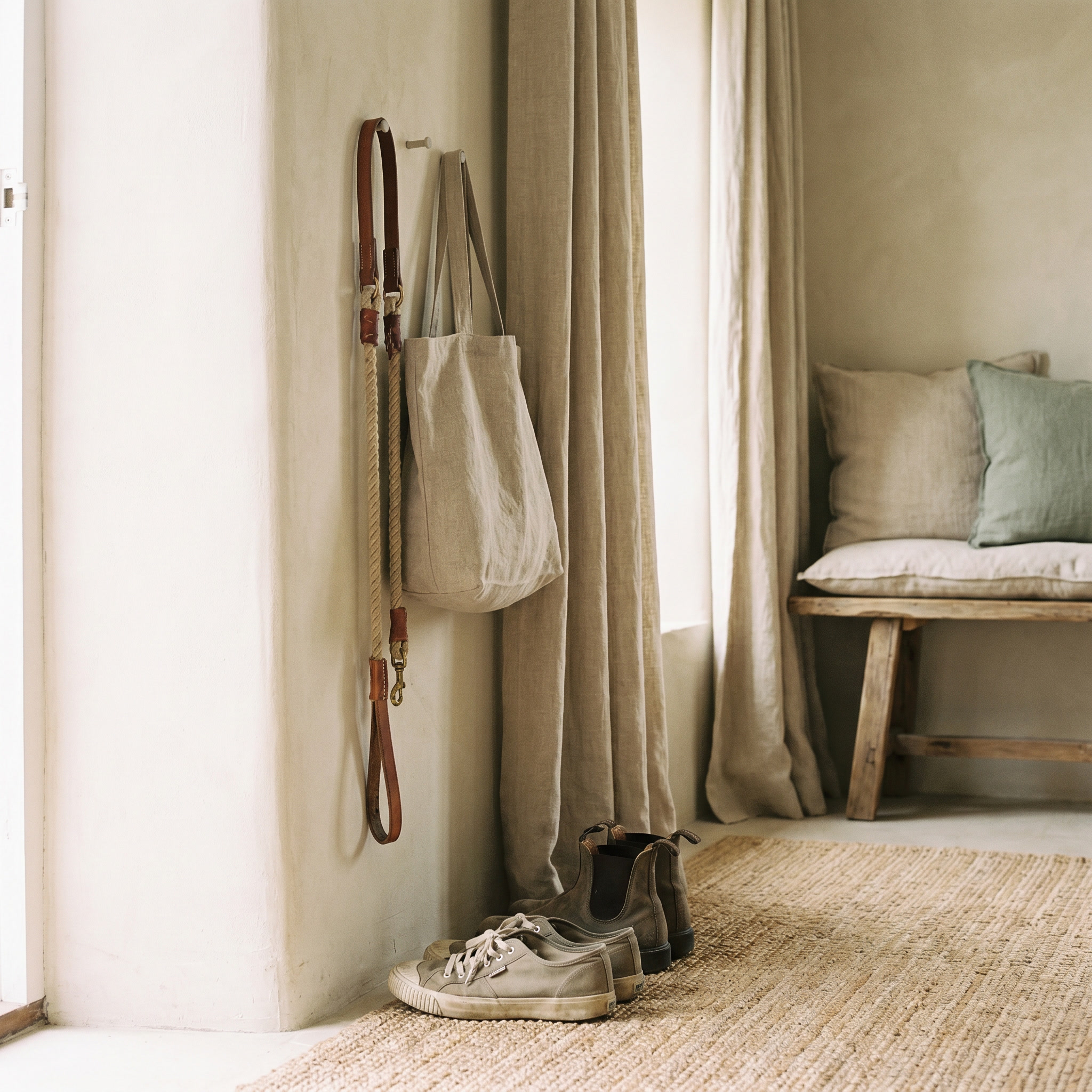 A dog lead hanging beside walking shoes near the door of a coastal home.