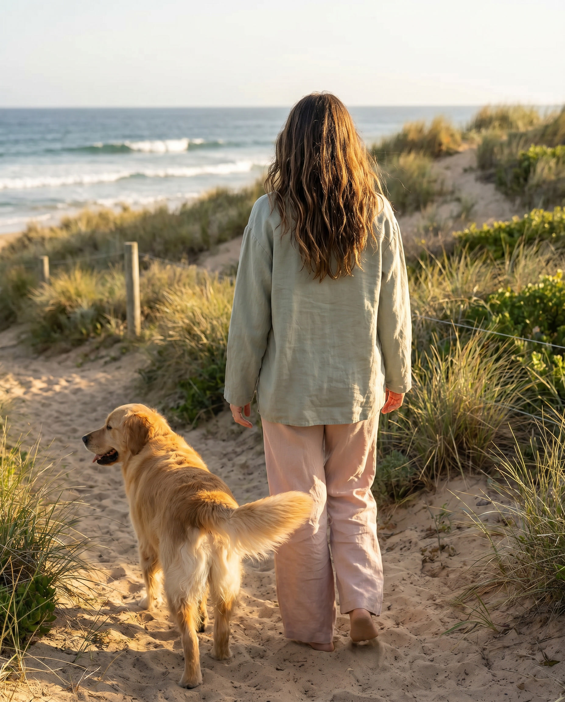 Maya and Charlie walking together along a quiet coastal path.