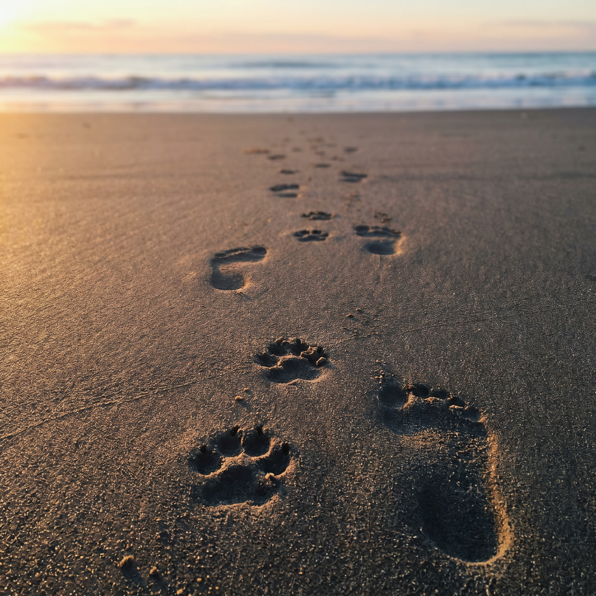 Human footprints and dog pawprints in damp beach sand at sunrise.