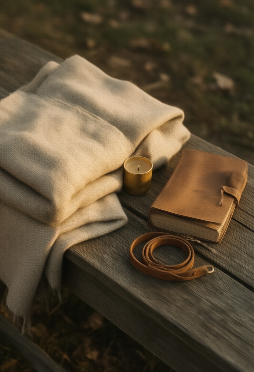 Folded cream wool blanket, beeswax pillar candle, closed leather journal, and a coiled tan lead on a worn wooden bench in late-afternoon golden light